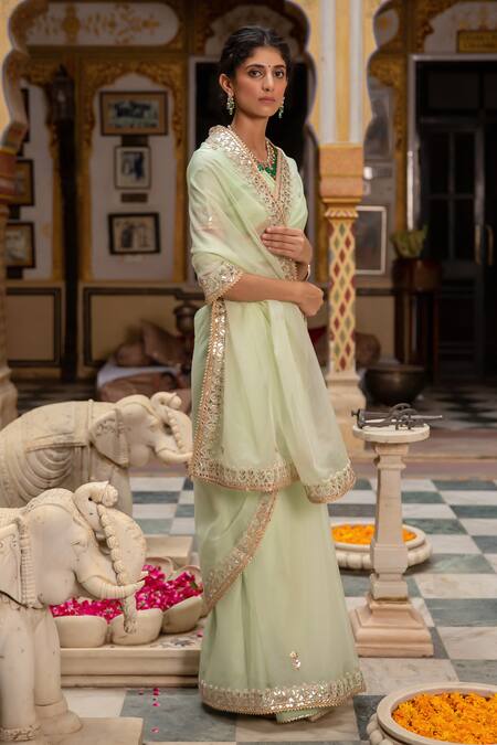 Buy Geroo Jaipur Green Organza Beads, Zari And Gota Work Saree With Unstitched Blouse Piece Online at Aza Fashions Buy_Geroo Jaipur_Green Organza Beads, Zari And Gota Work Saree With Unstitched Blouse Piece _Online_at_Aza_Fashions
