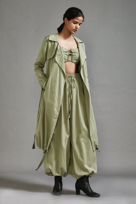 MATI_Green Cotton Collared, Open Neck Trench Coat Cargo Pant Set _Online_at_Aza_Fashions