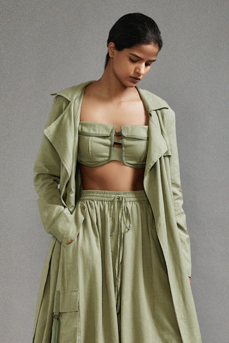 Shop_MATI_Green Cotton Collared, Open Neck Trench Coat Cargo Pant Set _Online_at_Aza_Fashions