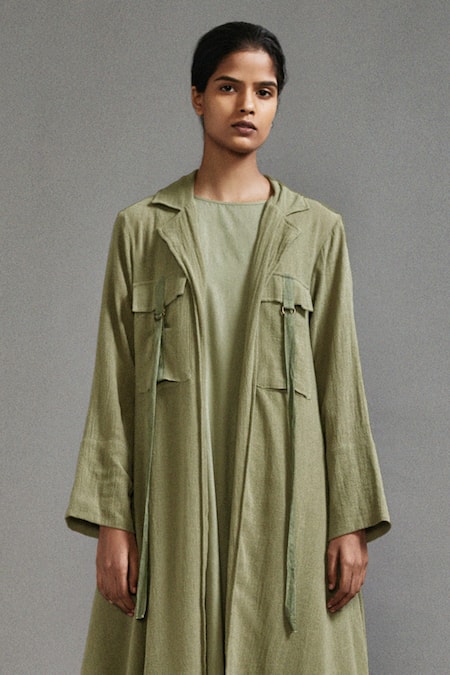 MATI_Green Cotton Pocketed Asymmetric Jacket _Online_at_Aza_Fashions