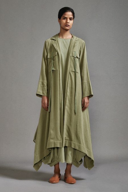 Buy_MATI_Green Cotton Pocketed Asymmetric Jacket _Online_at_Aza_Fashions