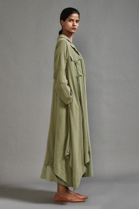 Shop_MATI_Green Cotton Pocketed Asymmetric Jacket _Online_at_Aza_Fashions