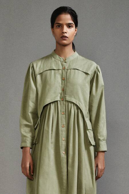 MATI_1_Green Cotton Mandarin Collar Button Down Midi Dress _Online_at_Aza_Fashions