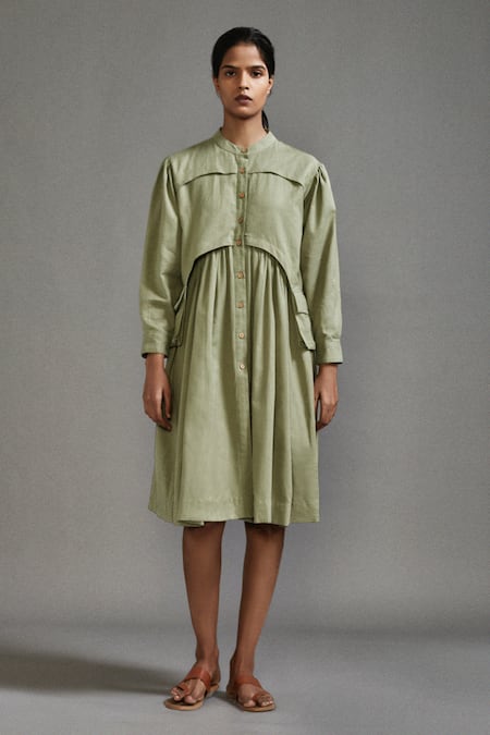 Buy_MATI_1_Green Cotton Mandarin Collar Button Down Midi Dress _Online_at_Aza_Fashions