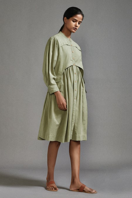 Shop_MATI_1_Green Cotton Mandarin Collar Button Down Midi Dress _Online_at_Aza_Fashions