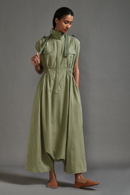 MATI_Green Cotton High Neck Collared Jumpsuit _Online_at_Aza_Fashions