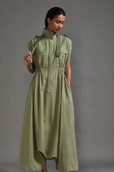 Buy_MATI_Green Cotton High Neck Collared Jumpsuit _Online_at_Aza_Fashions