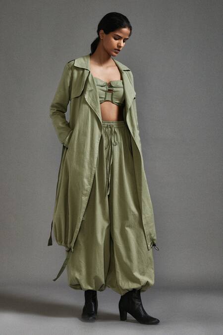 MATI_Green Cotton Collared Oversized Trench Jacket With Belt _Online_at_Aza_Fashions