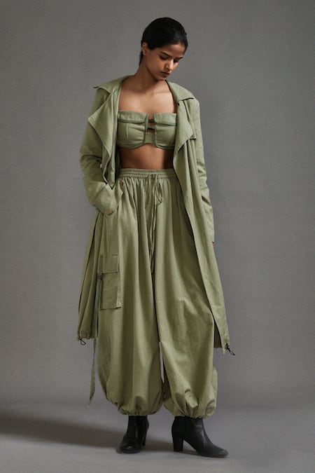 Buy_MATI_Green Cotton Collared Oversized Trench Jacket With Belt _Online_at_Aza_Fashions