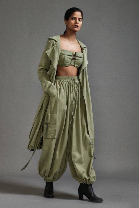 Shop_MATI_Green Cotton Collared Oversized Trench Jacket With Belt _Online_at_Aza_Fashions