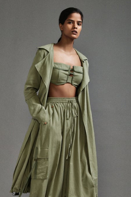 MATI_Green Cotton Collared Oversized Trench Jacket With Belt _at_Aza_Fashions