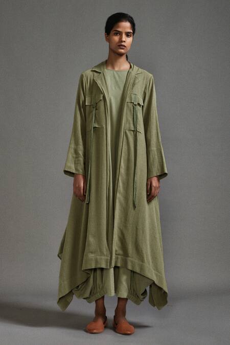 MATI_Green Cotton Collared Cowl Dress With Jacket _Online_at_Aza_Fashions