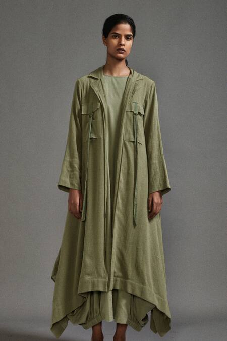 Buy_MATI_Green Cotton Collared Cowl Dress With Jacket _Online_at_Aza_Fashions