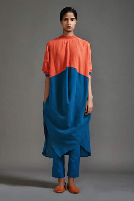 MATI_Orange Cotton High Neck Color Blocked Asymmetric Tunic _Online_at_Aza_Fashions