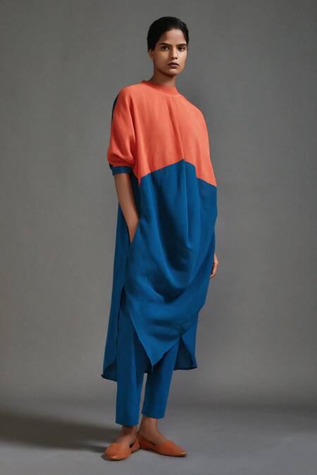 Buy_MATI_Orange Cotton High Neck Color Blocked Asymmetric Tunic _Online_at_Aza_Fashions