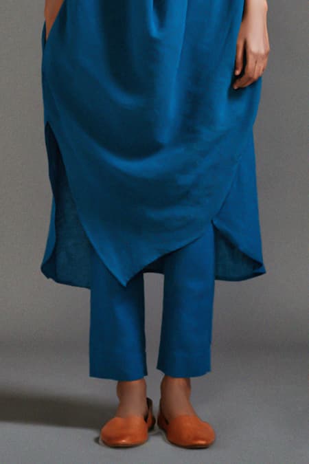 MATI_1_Orange Cotton Round Neck Color Blocked Asymmetric Tunic And Pant Set _Online_at_Aza_Fashions