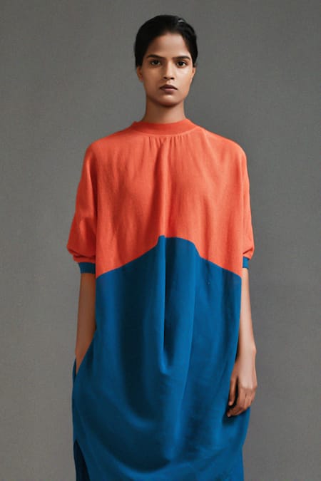 Buy_MATI_1_Orange Cotton Round Neck Color Blocked Asymmetric Tunic And Pant Set _Online_at_Aza_Fashions