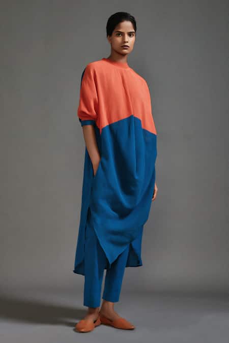 Shop_MATI_1_Orange Cotton Round Neck Color Blocked Asymmetric Tunic And Pant Set _Online_at_Aza_Fashions