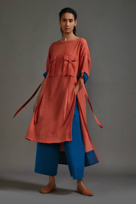 Shop_MATI_1_Orange Cotton Boat Neck Straight Tunic And Wide Leg Pant Set _Online_at_Aza_Fashions