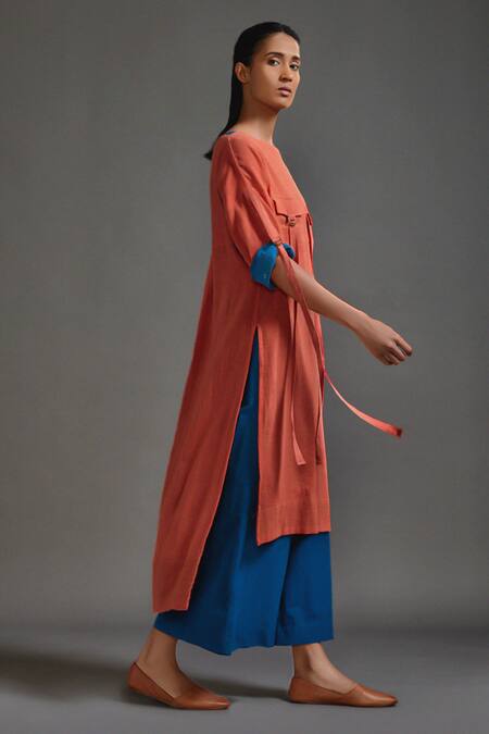 MATI_1_Orange Cotton Boat Neck Straight Tunic And Wide Leg Pant Set _at_Aza_Fashions