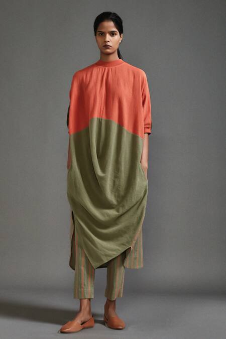 MATI_Orange Cotton High Neck Color Blocked Cowl Tunic _Online_at_Aza_Fashions