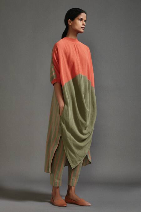 Shop_MATI_Orange Cotton High Neck Color Blocked Cowl Tunic _Online_at_Aza_Fashions