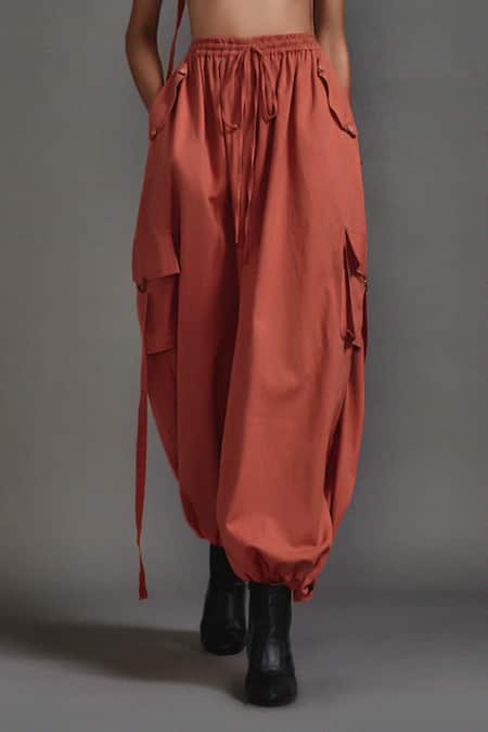 Buy_MATI_Orange Cotton Pocketed Cargo Pant _Online_at_Aza_Fashions