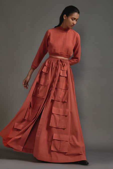 Shop_MATI_Orange Cotton Long Safari Skirt _Online_at_Aza_Fashions