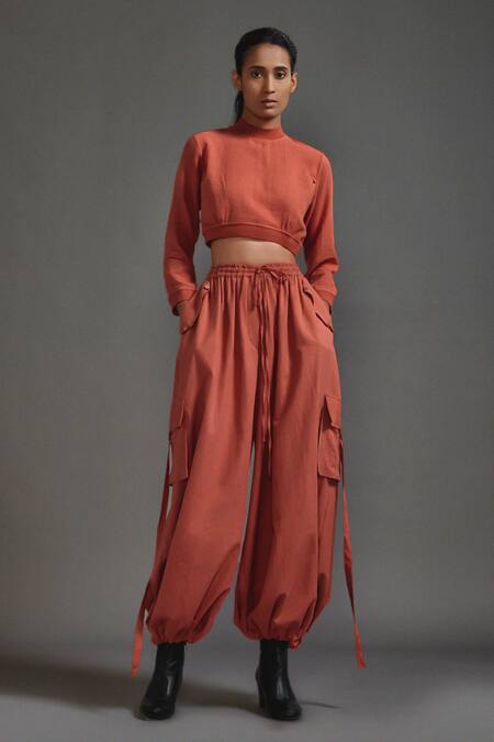 MATI_1_Orange Cotton Round Neck Crop Top With Cargo Pant _Online_at_Aza_Fashions