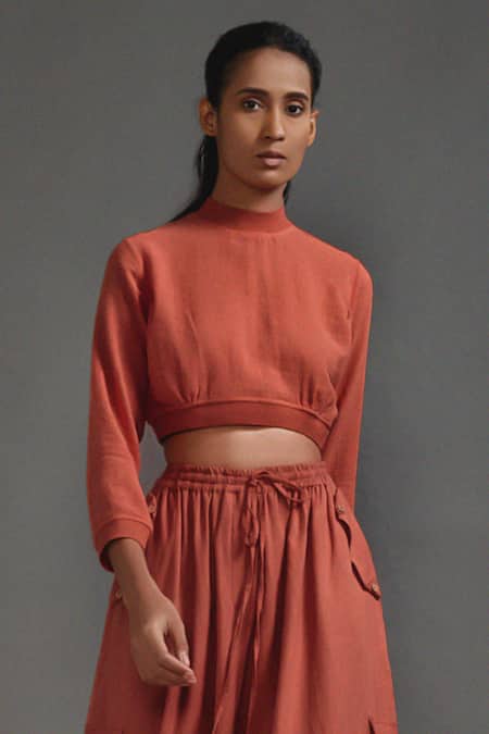 Buy_MATI_1_Orange Cotton Round Neck Crop Top With Cargo Pant _Online_at_Aza_Fashions