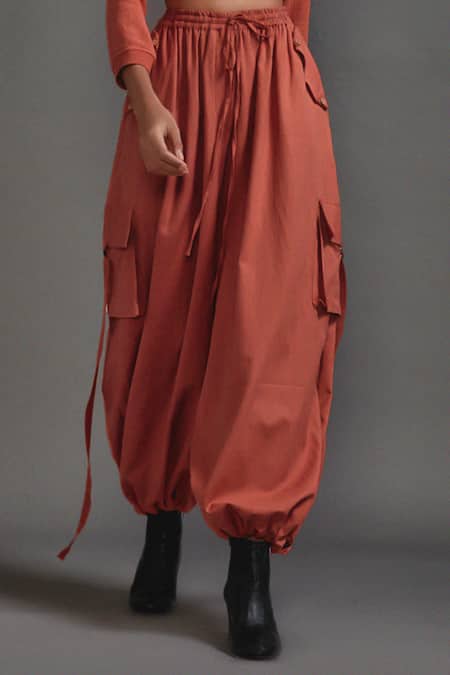 Shop_MATI_1_Orange Cotton Round Neck Crop Top With Cargo Pant _Online_at_Aza_Fashions