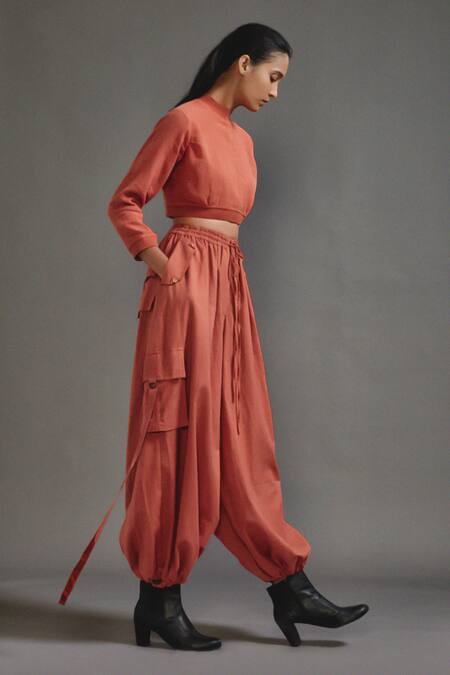 MATI_1_Orange Cotton Round Neck Crop Top With Cargo Pant _at_Aza_Fashions