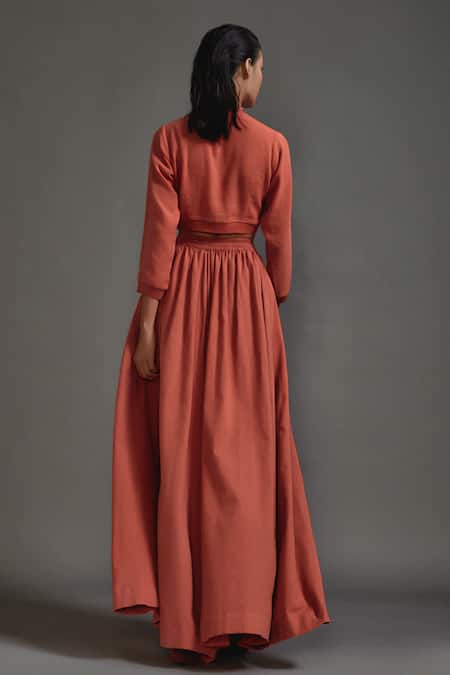 Shop MATI_1 Orange Cotton High Neck Crop Top With Cargo Skirt at Aza Fashions Shop_MATI_1_Orange Cotton High Neck Crop Top With Cargo Skirt _at_Aza_Fashions