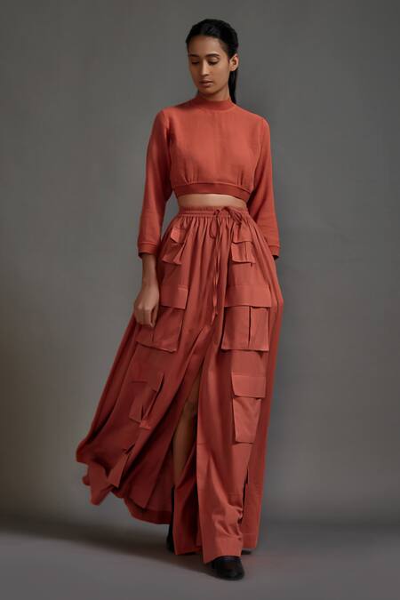 MATI_1 Orange Cotton High Neck Crop Top With Cargo Skirt Online at Aza Fashions MATI_1_Orange Cotton High Neck Crop Top With Cargo Skirt _Online_at_Aza_Fashions