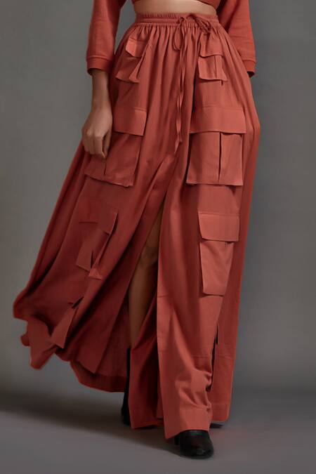 Buy MATI_1 Orange Cotton High Neck Crop Top With Cargo Skirt Online at Aza Fashions Buy_MATI_1_Orange Cotton High Neck Crop Top With Cargo Skirt _Online_at_Aza_Fashions