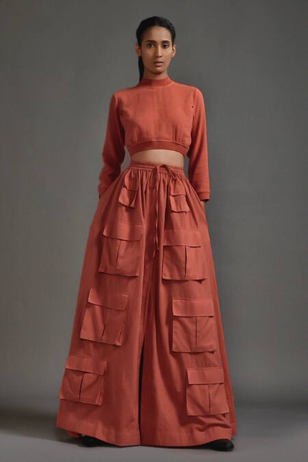 Shop MATI_1 Orange Cotton High Neck Crop Top With Cargo Skirt Online at Aza Fashions Shop_MATI_1_Orange Cotton High Neck Crop Top With Cargo Skirt _Online_at_Aza_Fashions