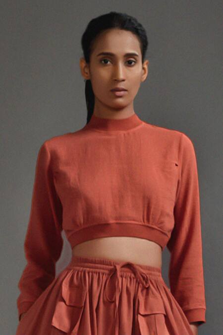 MATI_1 Orange Cotton High Neck Crop Top With Cargo Skirt at Aza Fashions MATI_1_Orange Cotton High Neck Crop Top With Cargo Skirt _at_Aza_Fashions