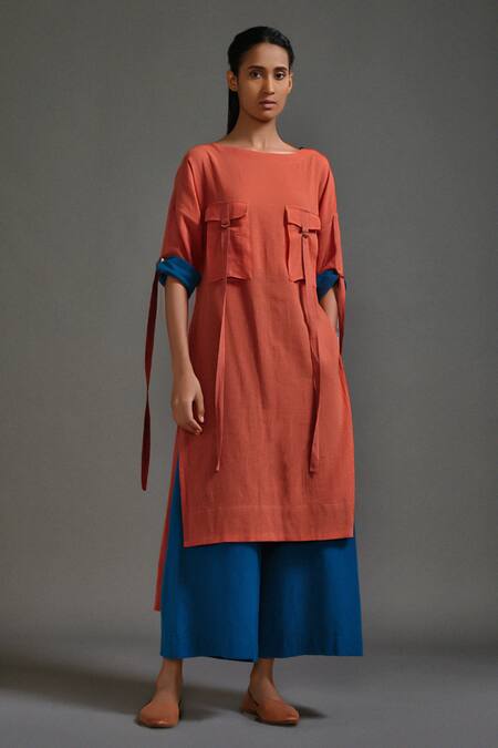 MATI_Orange Cotton Boat Neck High Low Tunic _Online_at_Aza_Fashions