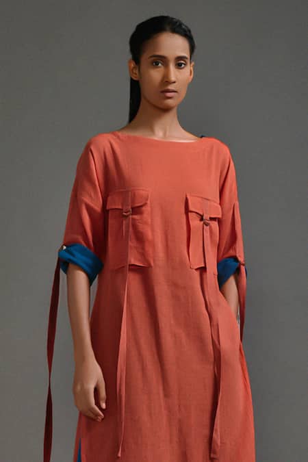 Buy_MATI_Orange Cotton Boat Neck High Low Tunic _Online_at_Aza_Fashions