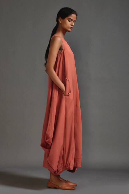 Buy_MATI_1_Orange Cotton Boat Neck Asymmetric Cowl Dress _Online_at_Aza_Fashions