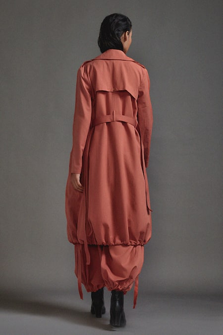 Shop_Mati_Orange Cotton Open Neck, Collared Trench Jacket Cargo Pant Set _at_Aza_Fashions