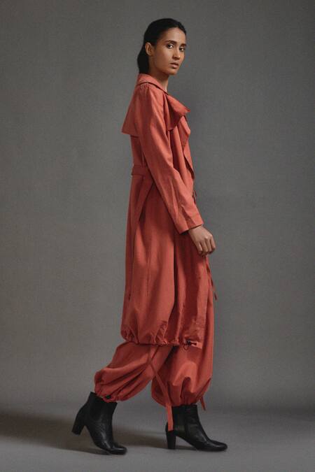 Mati_Orange Cotton Open Neck, Collared Trench Jacket Cargo Pant Set _Online_at_Aza_Fashions