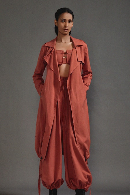 Buy_Mati_Orange Cotton Open Neck, Collared Trench Jacket Cargo Pant Set _Online_at_Aza_Fashions