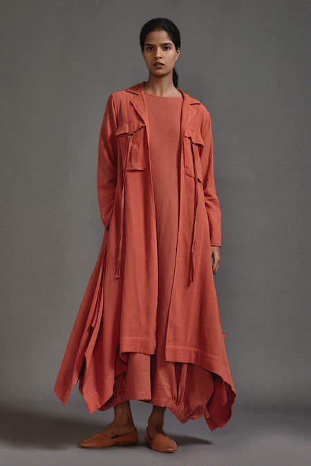 MATI Orange Cotton Plain Lapel Collar Longline Textured Jacket 