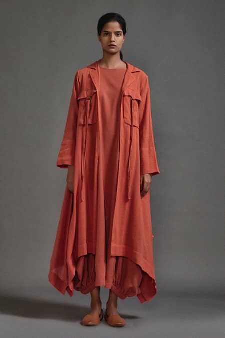 MATI_Orange Cotton Collared Longline Textured Jacket _Online_at_Aza_Fashions