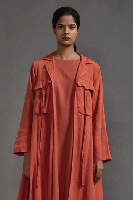 Buy_MATI_Orange Cotton Collared Longline Textured Jacket _Online_at_Aza_Fashions