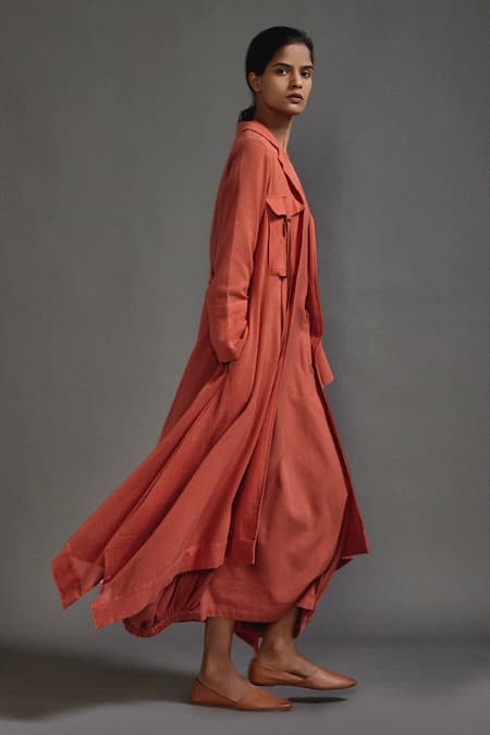 Shop_MATI_Orange Cotton Collared Longline Textured Jacket _Online_at_Aza_Fashions