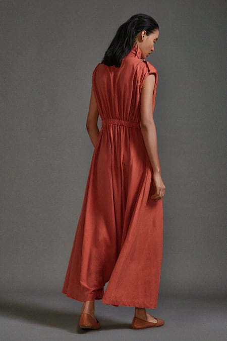 Shop_Mati_Orange Cotton High Neck Collar Cowl Jumpsuit _at_Aza_Fashions