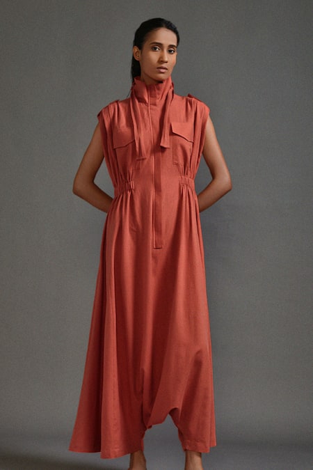 Mati_Orange Cotton High Neck Collar Cowl Jumpsuit _Online_at_Aza_Fashions