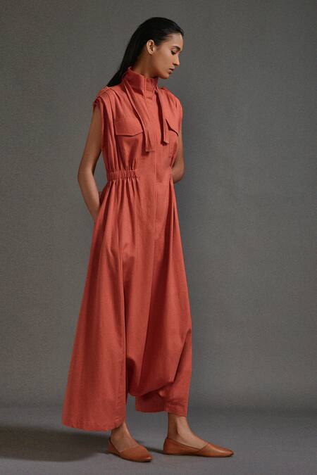 Shop_Mati_Orange Cotton High Neck Collar Cowl Jumpsuit _Online_at_Aza_Fashions